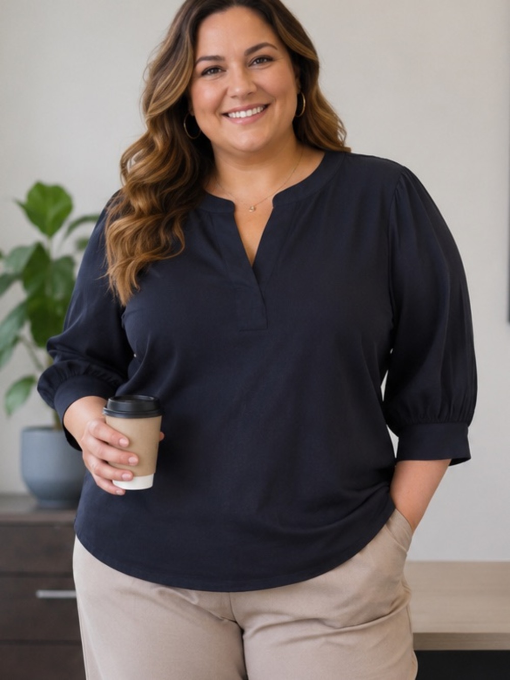 Wit & Wisdom Split V-Neck Puff Sleeve Blouse Navy Blue Plus Size 3X